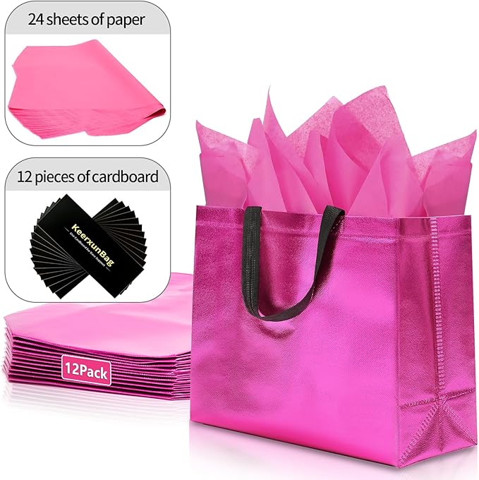KeerxunBag 12Pcs Reusable Gift Bags（Includes Tissue Paper） Gift bag with handle Birthdays Parties Holidays Weddings Medium 13x5x11in Magenta gift Bags