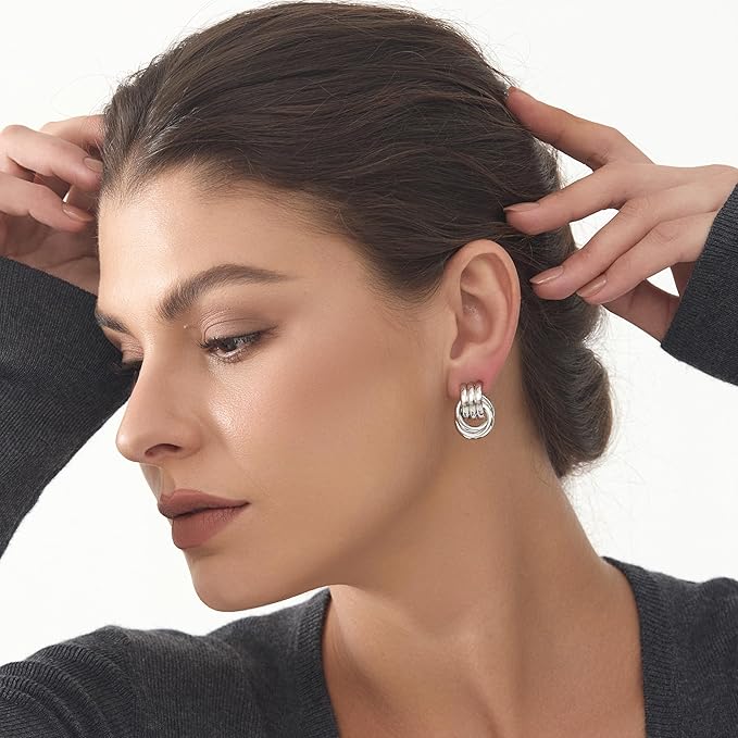 Silver Chunky Knot Earrings Geometric Drop Dangle Trendy Earrings Studs for Women_M Size