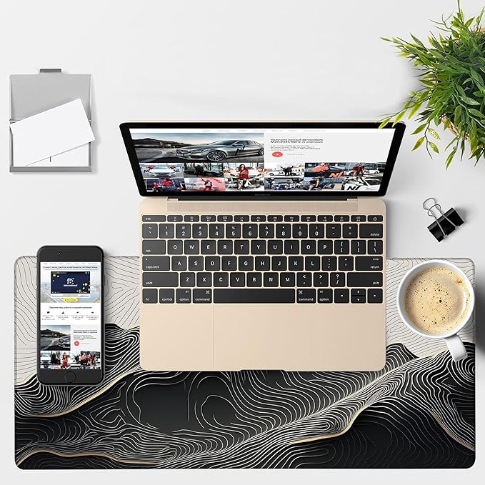 Gaming Desk Pad Large Extra Length Abstract Lines Mouse Pad Keyboard Laptop Non-Slip Waterproof with Rubber Base Thick Stitched Edge Mouse Mat for Office Home 35.4 x 15.7 Inches