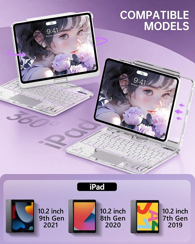 Intermerge for iPad 9th 10.2 inch Keyboard Case, 360° Transparent Multi-Touch Trackpad, 7-Color Backlit Keyboard, Pencil Holder, Type-C, Power Indicator for 9th/ 8th/ 7th - Frost Pulse