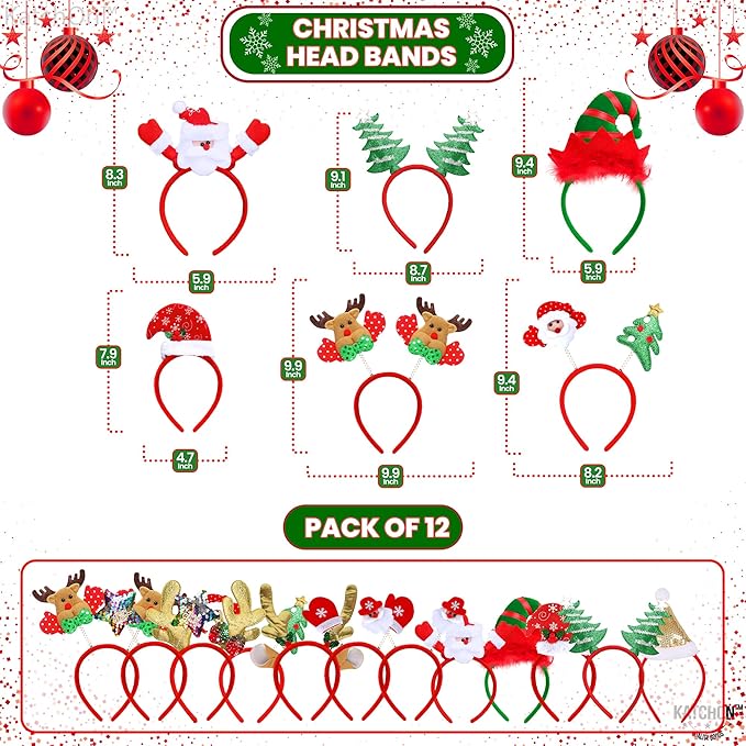 KatchOn Merry Christmas Headbands for Women - Pack of 12 | Holiday Headwear for Women | Christmas Party Favors and Accessories | Xmas Hair Accessories | Christmas Headbands for Adults