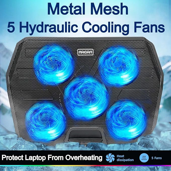 NAGAN Laptop Cooling Pad with 6 Fans, Ergonomic USB Powered Cooling Pad for Laptop with Dual USB 2.0 Ports, Height-Adjustable, Metal Mesh Gaming Notebook Cooler, Fits 14-17.3 inch Laptops