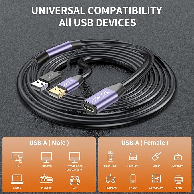 LDKCOK USB 2.0 Type A Male to A Female Active Repeater Extension Cable 50ft, High Speed 480 Mbps