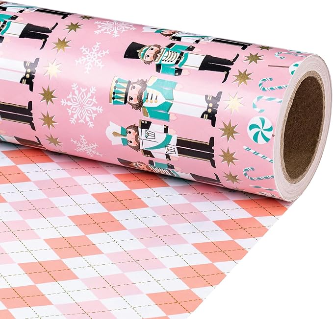 RUSPEPA Reversible Christmas Wrapping Paper Roll, Mini Roll, Pink Nutcracker Soldier and Diamond Pattern Gift Wrap for Kids, Girls, Family, Xmas Holiday Gifts, 17.5 Inches X 32.8 Feet