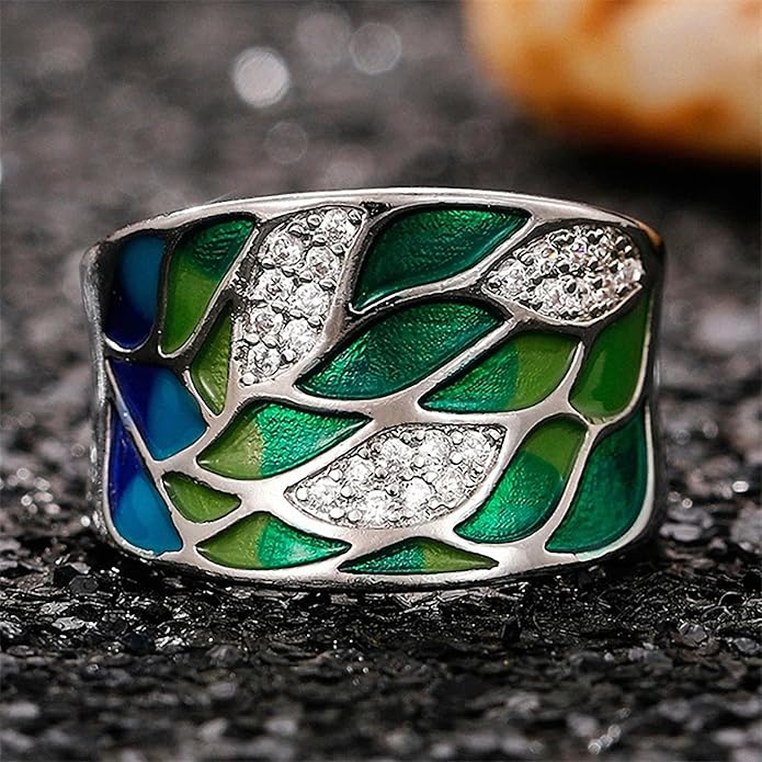 Women Tree of Life Lucky Flower Wide Band Ring Gold Pink Opal Green Enamel Resin Plated Dainty Tree Rhinestone Statement Thumb Index Full Finger Chunky Ring Party Crystal Vintage Jewelry