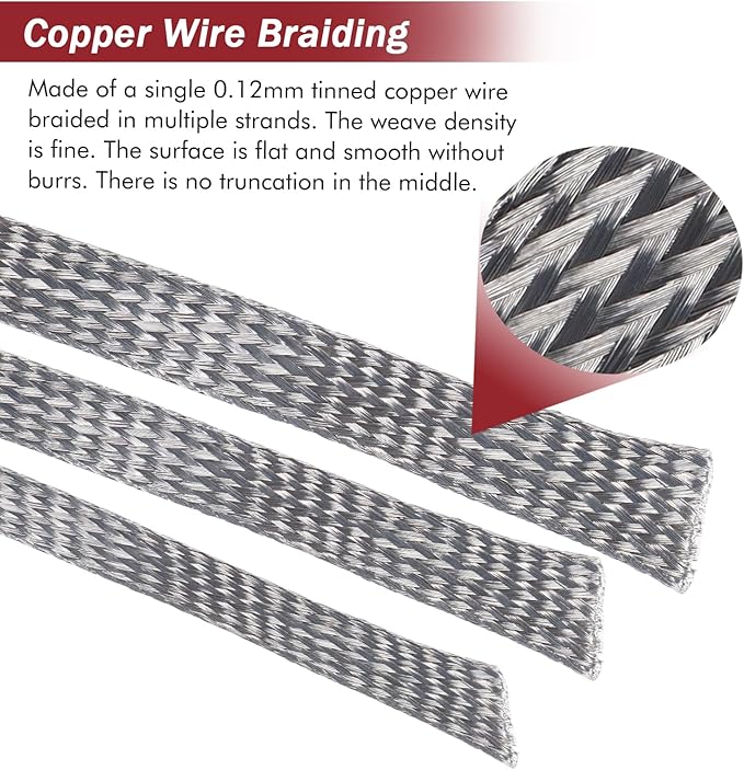 Tinned Copper Metal Braid Sleeving Wire Shielding Sleeve Braided Copper Ground Straps EMI/RFI Interference Expandable Flat Mesh Shielding Cable for Protect Wire (1/2inch-22ft)