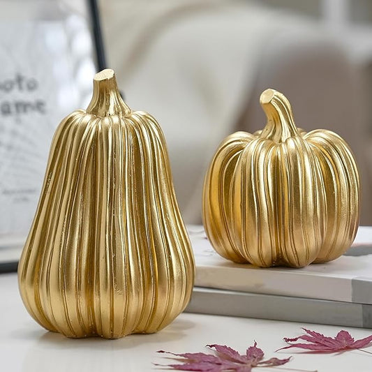 Gold Pumpkin Decor with Stripes, 2Pcs Resin Pumpkins for Decorating, Decorative Pumpkins for Fall Tabletop Decoration, Indoor Home, Autumn Kitchen, Thanksgiving Mantel Decor