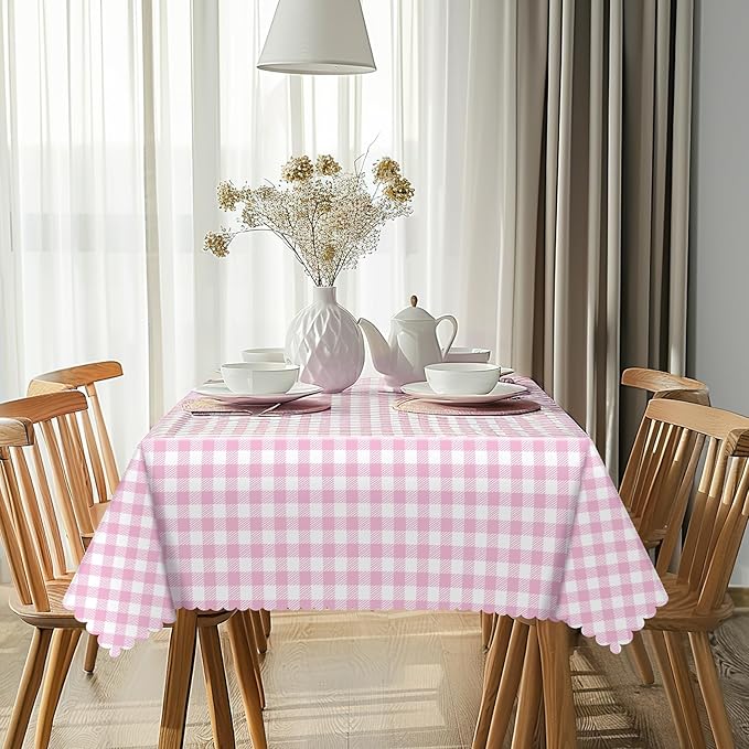 3 Pack Pink Gingham Tablecloths, 54 X 108Inch Disposable Party Table Covers Scalloped Pink Checkered Table Cloth Waterproof Pink White Tablecloth for Picnic Birthday Barbecue Tea Party Wedding