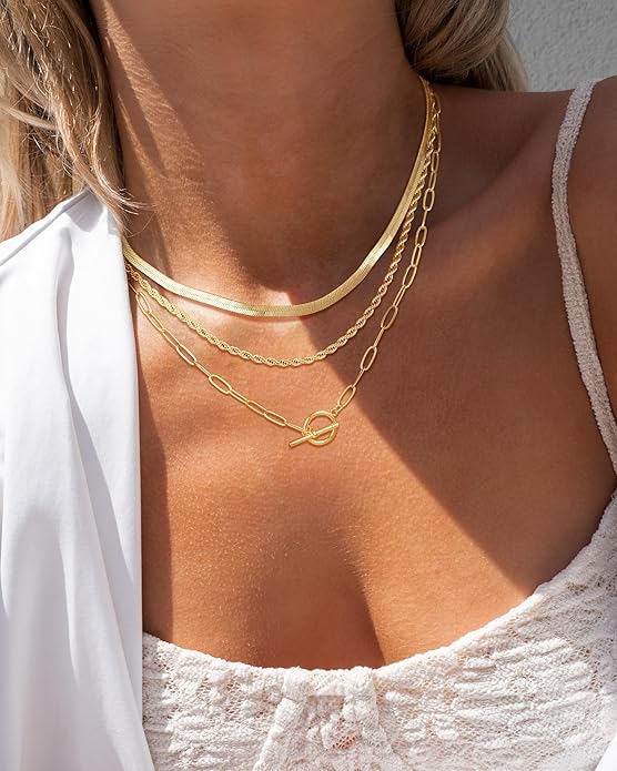 CHESKY Layered Necklaces for Women, 14K Gold Plated Chain Necklace Women Trendy Cuban Link Paperclip Chain Toggle Clasp Necklace Fashion Chunky Jewelry for Women