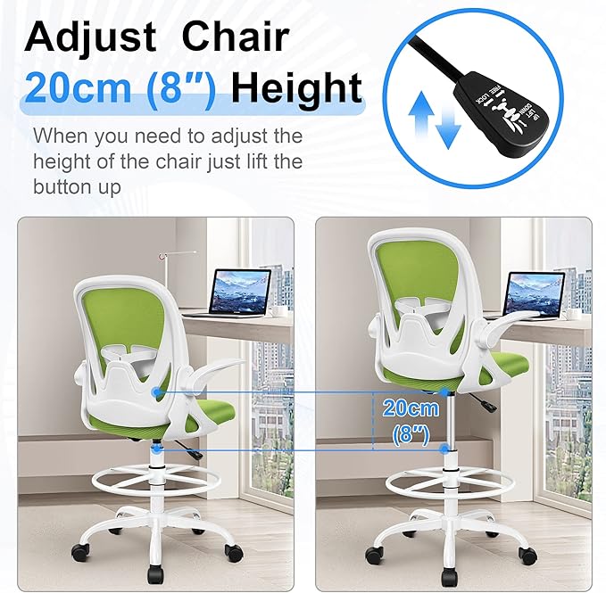 Primy Drafting Chair Tall Office Chair with Flip-up Armrests Executive Ergonomic Computer Standing Desk Chair with Lumbar Support and Adjustable Footrest Ring (Green)