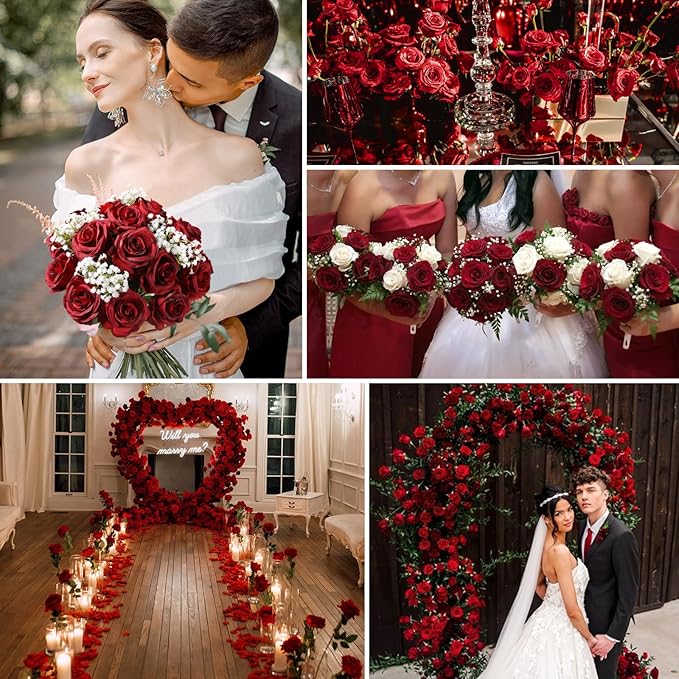 Tifuly 100 Pcs Red Roses Artificial Flowers Bulk, Realistic Long Stem Fake Silk Roses Bouquet for Wedding Centerpiece Table Vases Party Home Kitchen Decor（Burgundy）