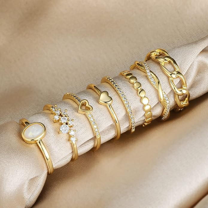 PLOMFOV 14K Gold/Silver Plated Stacking Rings Set for Women Non Tarnish CZ Heart Simple Cute Stackable Rings Dainty Trendy Gold Statement Rings Plain Band Size 4-12