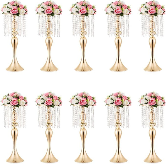 Gold Vases for Centerpieces, 10 Pcs 21.3in Crystal Flower Arrangement Stand, Wedding Centerpieces for Tables, Tall Metal Flower Vase Holders for Wedding, Event, Reception, Birthday, Home Decor