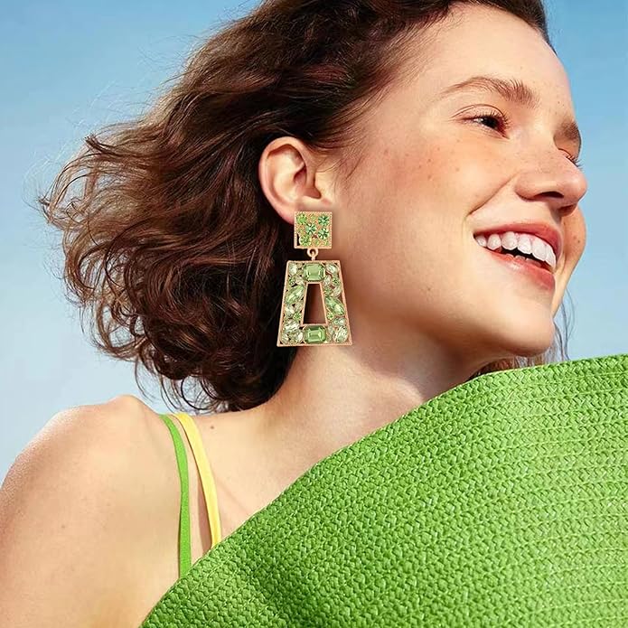 Rhinestone Rectangle Statement Earrings Colorful Crystal Geometric Drop Dangle Earrings for Women Prom Party