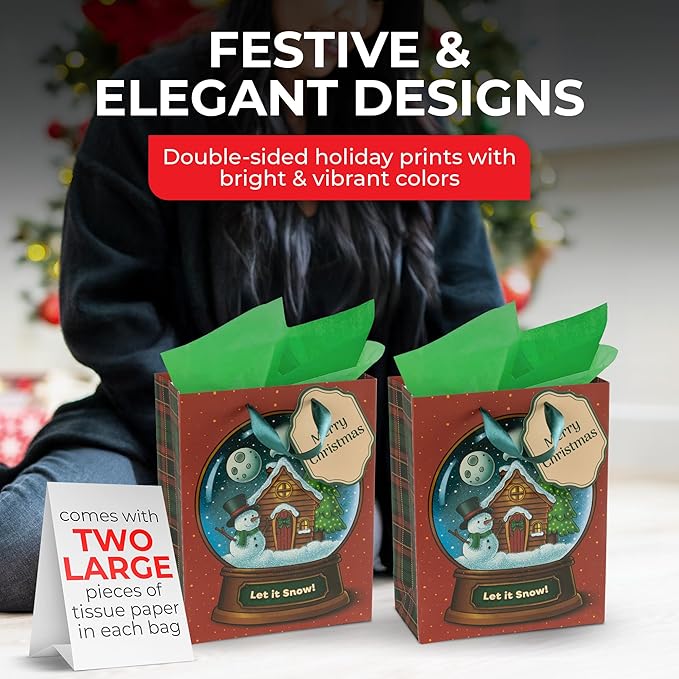 RACHELLE'S Snow Globe Christmas Gift Bags – Small 9"x7"x3" (4-Pack) – Sturdy Paper Gift Bags with Tissue Paper, Tag and Handle – Let It Snow – Perfect for Christmas Holiday Gifting & Party Favors