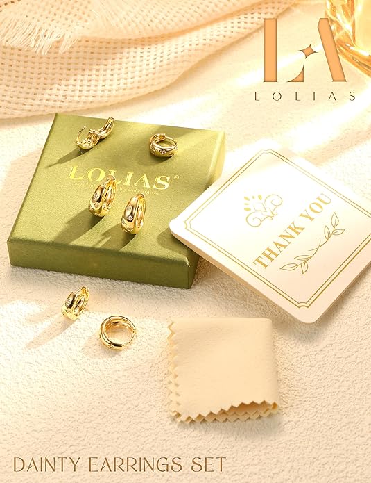 14K Gold Plated Hoop Earrings Set for Women - 3Pairs Chunky 14K Gold Plated Silver Huggie Earrings Small Earrings Lightweight Hypoallergenic MultiColored CZ Hoop Earrings Stacks for Multiple Piercing