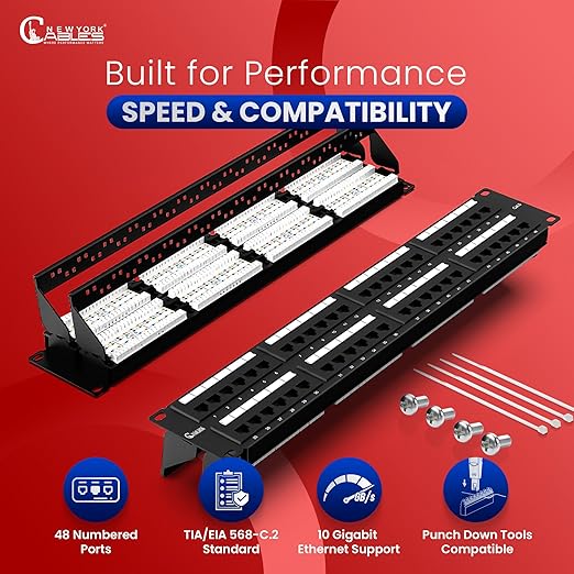 NewYork Cables 48 Port Cat6 Patch Panel – 10Gb Ethernet, 2U Rackmount 19-Inch, Color-Coded T568A/B Labels, Unshielded, 110/Krone Compatible, Black