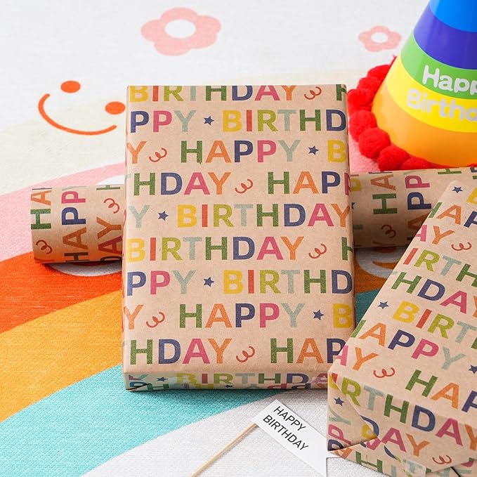Kraft Birthday Wrapping Paper - Mini Roll - 17 Inches X 33 Feet - for Boys Girls Kids - Colorful Happy Birthday Pattern Great for Teen, Party, Baby Shower