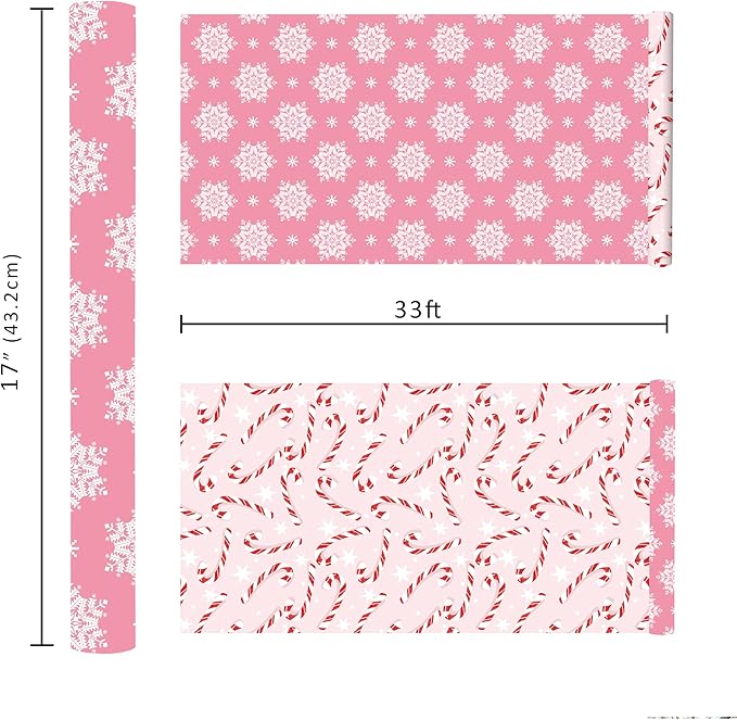 LaRibbons Reversible Christmas Wrapping Paper Roll, Pink Snowflake & Candy Cane Design for Christmas, Party, Holiday, Celebration, 17 Inch X 33 Feet