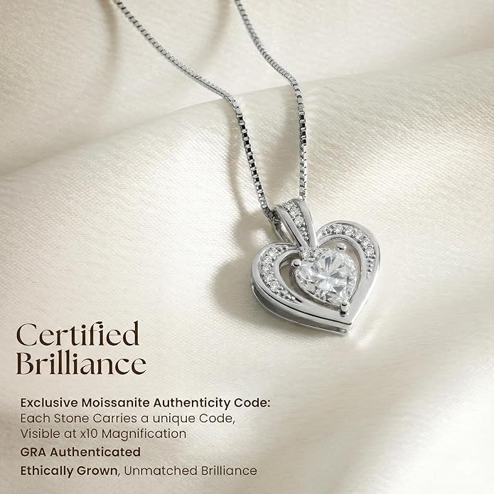 Moissanite Heart Necklace - 925 Sterling Silver Necklaces for Women | Birthday Gifts for Women, Christmas Gifts for Her, Jewelry Gift for Wedding, Anniversary, Valentine's Day Gift for Wife