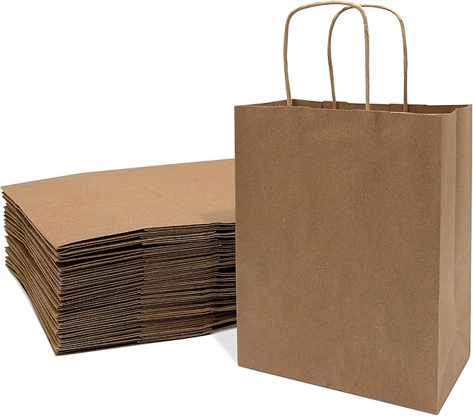 Prime Line Packaging Brown Paper Bags, Kraft Gift Bags with Handles for Small Business, Shopping, Retail, Boutique, Holidays, Party, Bulk, 8x4x10, 25 Pack