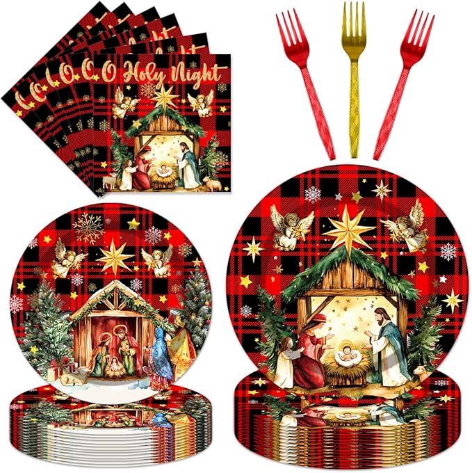 96Pcs Happy Birthday Jesus Decorations Disposable Tableware Set - O Holy Night Jesus Paper Plates Napkins Forks Christmas Jesus Birthday Party Supplies Serve 24 Guests