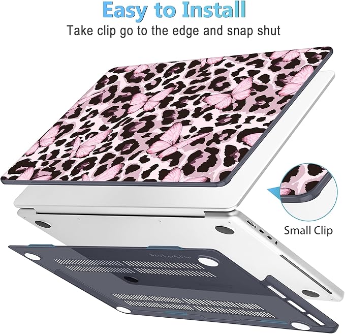 Mektron Case for 2025 MacBook Pro 16" M4 A3403 A3186 M3 A2991 M2 A2780 M1 A2485 (2021/2023/2024) Pro/Max with Touch ID, Hard Shell Plastic Laptop Cover Keyboard Cover, Leopard Pink Butterfly