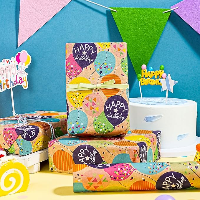 WRAPAHOLIC Jumbo Birthday Wrapping Paper Roll - 30 Inch x 33 Feet - Colorful Balloon with Confetti Design for Girls Boys Kids, Baby Shower, Party