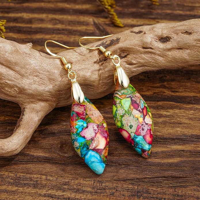 Boho Women Natural Stone Earrings Unique Healing Imperial Jasper Gemstone Energy Hypoallergenic Lightweight Dangle Drop Earrings Multiple Styles Earrings Jewelry for Birthday Party Gift