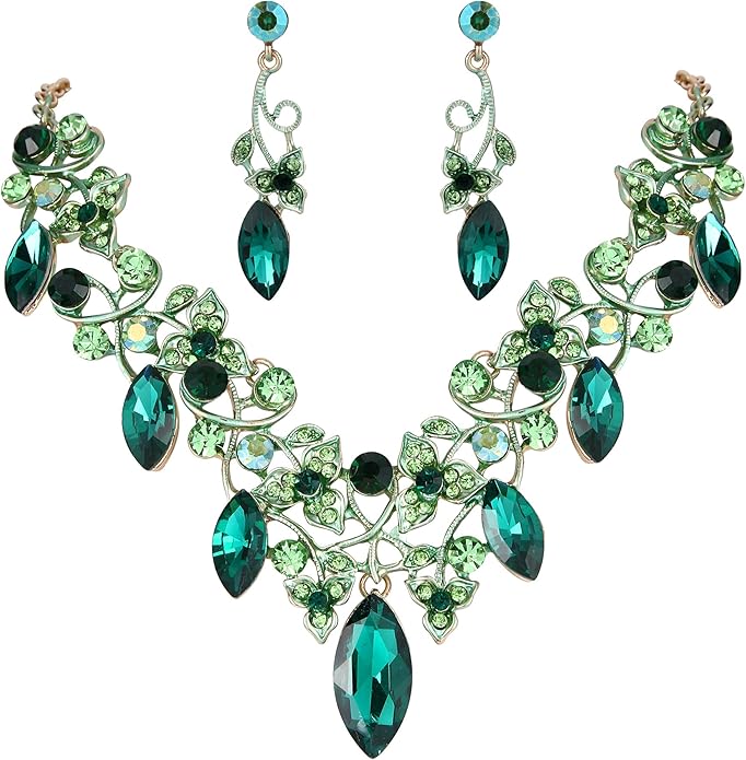 BriLove Women's Costume Fashion Crystal Floral Vine Leaf Statement Necklace Dangle Earrings Set