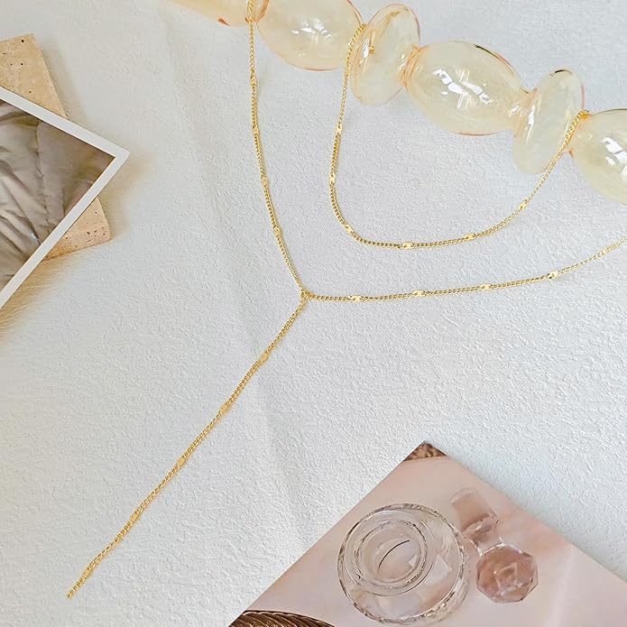 Lariat Gold Necklace for Women, Dainty Long Necklace 14k Gold Plated/Silver Y-Shaped Layered Beaded Chain Drop Necklaces for Women Trendy Simple Gold Jewelry for Women Gifts