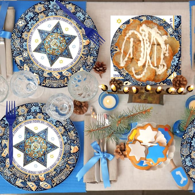 96Pcs Hanukkah Paper Plates Napkins Forks Happy Hanukkah Tableware Set with Menorah and Star of David Jewish Holiday Celebration Theme Party Supplies Serve 24 Guests