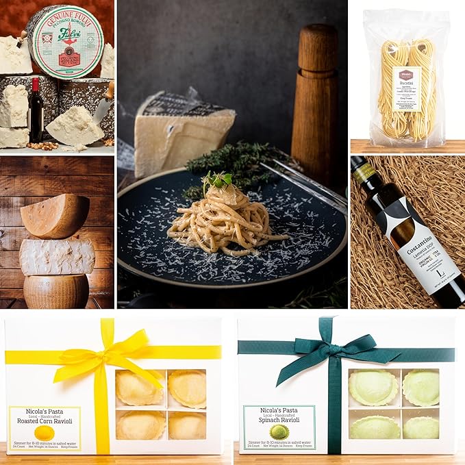 Authentic Cacio e Pepe Bundle with Roasted Corn Ravioli, Handmade Bucatini, DOP Pecorino Romano & Parmigiano Reggiano, DOP Extra Virgin Olive Oil – Italian Gourmet Meal