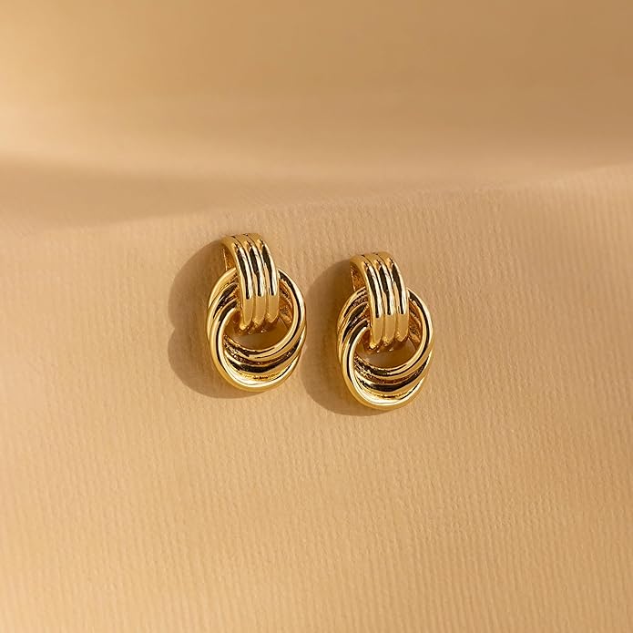 Gold Earrings for women Trendy - 14K Gold Plated Chunky Drop Dangle Knots Statement Earrings Hypoallergenic Lightweight Gold Jewelry Gifts