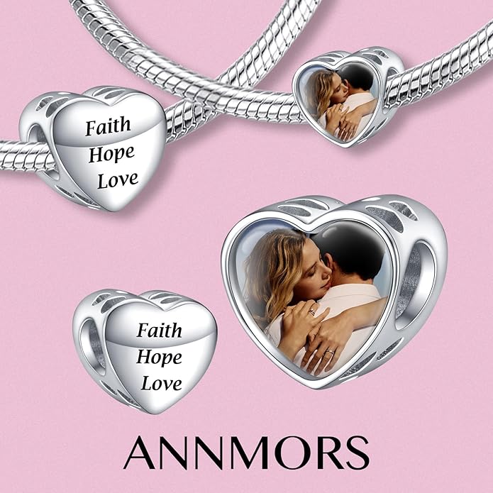 Annmors Personalized Photo Charms For Bracelets/Necklace 925 Sterling Silver Love Heart Shaped Engraved Customize Picture Gift for Birthday Mother's Day,Bead Charms Jewelry for Women