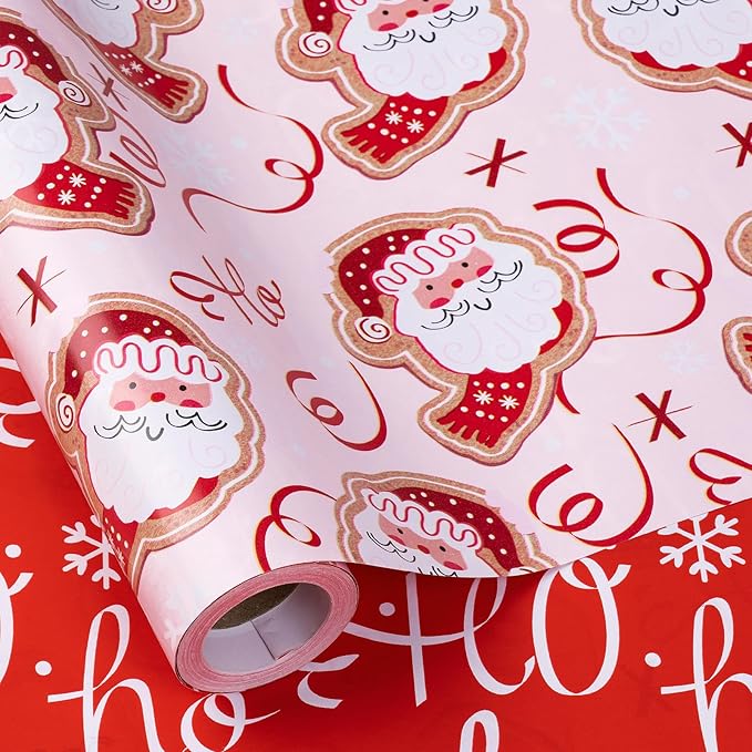 RUSPEPA 30" X 32.8' Reversible Christmas Wrapping Large Paper Roll, Jumbo Roll, Adorable Santa Claus, Ribbon Design, Elegant Red Ho Ho Ho Gift Wrap Paper for Girls, Kids, Family, Xmas Holiday Gifts