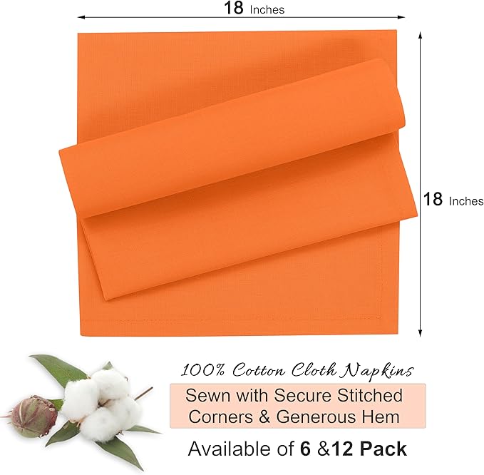 Ruvanti Cloth Napkins Set of 12, 18x18 Inches, 100% Cotton, Washable, Soft & Absorbent, Perfect for Wedding, Christmas, ‎Thanksgiving Dinners - Orange Peel