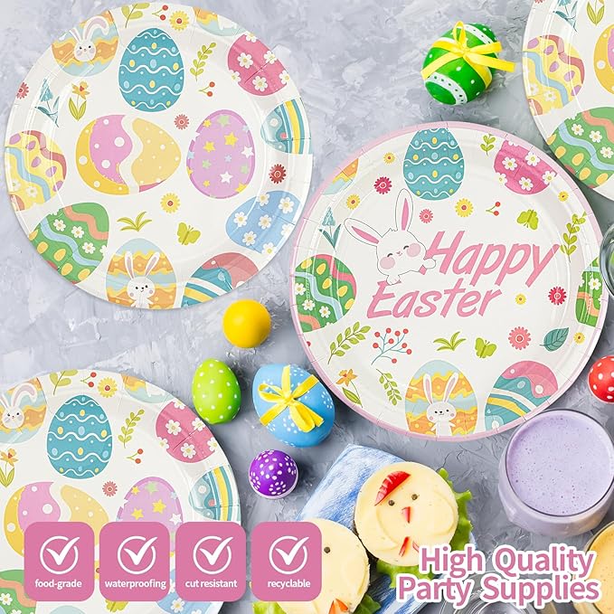 96Pcs Easter Paper Plates and Napkins - Easter Eggs Themed Tableware Set Include 7 & 9Inch Paper Plates Napkins Forks Disposable Decoration Supplies for Kid's Birthday Party, Serve 24
