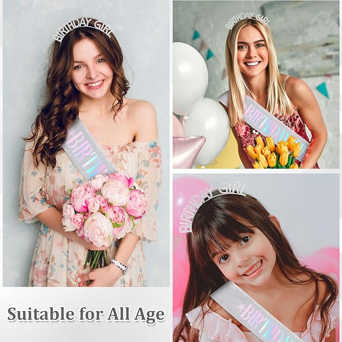 CAVETEE Birthday Girl Crown and Sash， Princess Tiara Happy Birthday Headband Party Accessories for Women and Girls