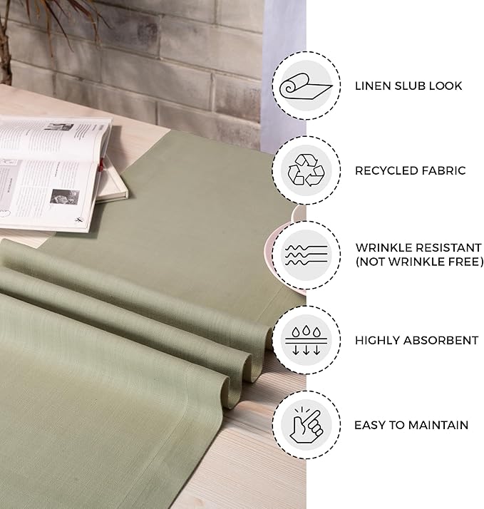 D'Moksha Homes Sage Green Table Runner 14 x 108 Inch - Faux Linen Table Runner 108 Inches Long - Wrinkle Resistant, Machine Washable for Fall, Thanksgiving, Christmas, Holiday - 100% Recycled Fabric