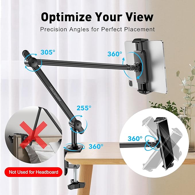 AboveTEK Tablet Stand Holder, Aluminum iPad Holder for Desk & Bed, Adjustable Arm Clamp Mount with 360° Rotation, Overhead Compatible with 4.7"-13.5" iPad Pro/Air/Mini, iPhone, Galaxy Tab- Black