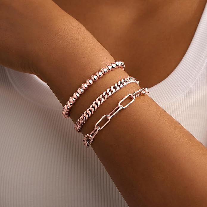 Gold Bracelets Set for Women Non Tarnish, 14K Gold Plated Sterling Silver Chunky Cuff Bracelet Stackable Gold Bangles Bracelet for Women Trendy Fashion Accessories Tie Knot Cuban Rope Paperclip Beaded Bracelet Stack Jewelry Valentines Day Gifts