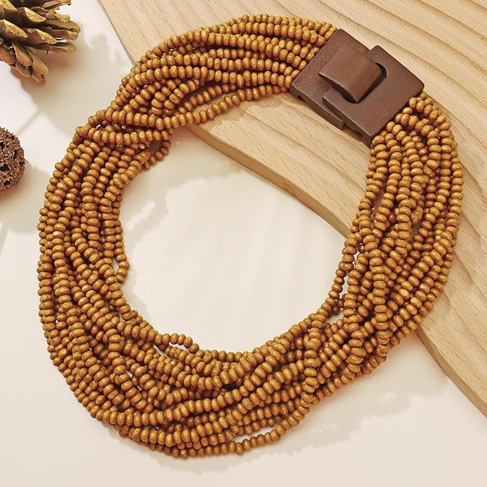 Coiris Beaded Strand Necklace for Women Boho Chunky Beaded Strand Necklace Bohemian Summer Beach Necklace Jewelry for Women(N0059-Black)