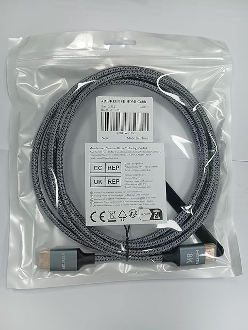 ARISKEEN 8K HDMI Cable 8 FT, 48Gbps High Speed HDMI 2.1 Cable, 8K 60Hz, 4K 120Hz 144Hz Braided HDMI Cord - 8 Feet