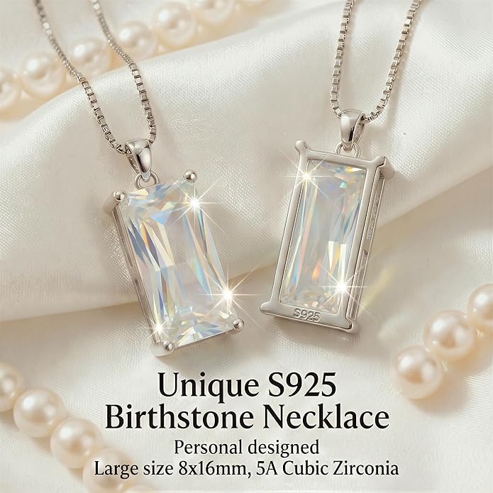 Minimalist Square 8mm×16mm Birthstone Sterling Silver Necklace - Hypoallergenic, Lightweight, Gift for Her