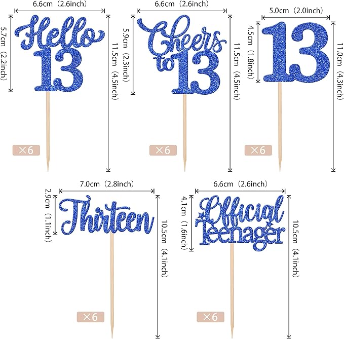 30PCS Happy 13th Birthday Cupcake Toppers Glitter Thirteen Official Teenager Hello 13 Cupcake Picks Cheers to 13 Birthday Decorations for 13th Birthday Anniversary Party Cake Decor Supplies Blue