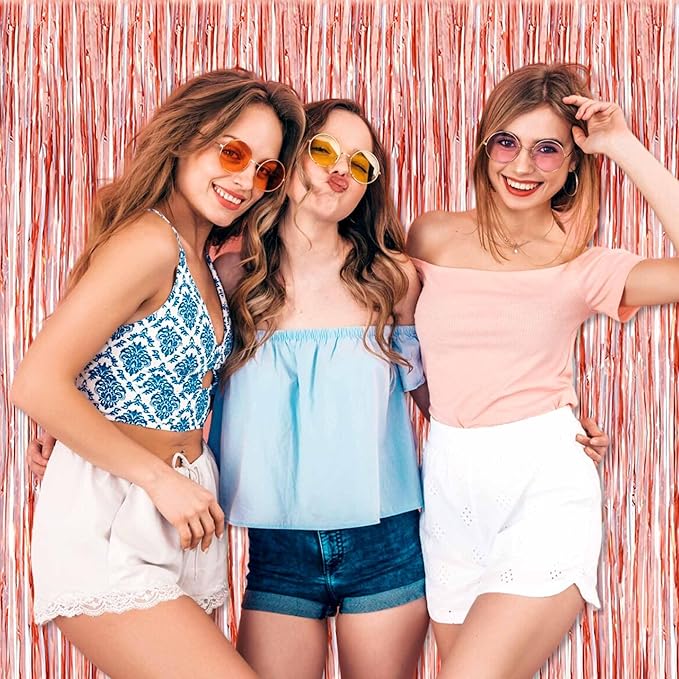 3 Pack Rose Gold Foil Fringe Curtains Backdrop, 3.28 x 8.2 Ft Metallic Streamers Tinsel Curtains Background for Photo Booth, Birthday, Halloween, Christmas, Thanksgiving, New Year Party Decorations