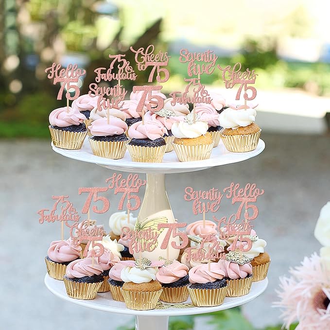 30PCS Happy 75th Birthday Cupcake Toppers Glitter Hello 75 Fabulous Seventy Five Cheers to 75 Years Old Birthday Cupcake Picks for Happy 75th Birthday Anniversary Party Cake Decor Supplies Rose Gold