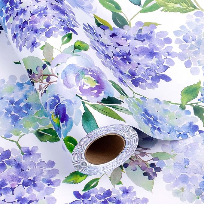 MAYPLUSS Floral Gift Wrapping Paper Roll - Watercolor Blue Hydrangea Design Floral Gift Wrap Paper for Wedding, Bridal Shower, Mother’s Day, Valentine's Day, Birthday, Anniversay (17 Inch X 16.5Feet)