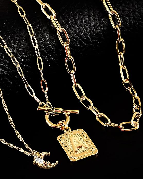 MJartoria Layered Initial Necklaces for Women Trendy, 14K Gold Plated Brass Simple Moon Choker Square Letter Pendant Necklace, Paperclip Chain Necklaces Jewelry Gifts